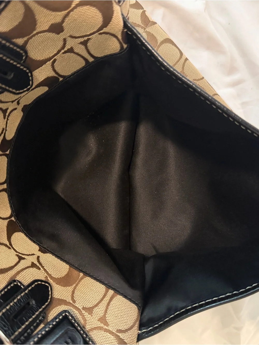 Coach F13566 Signature Jacquard Tote Bag Brown Black Leather Shoulder Purse